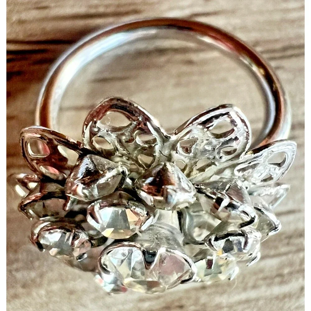 Vintage Sarah‎ Coventry Adjustable Silver Tone Rhinestone Cluster Ring 1960s MCM